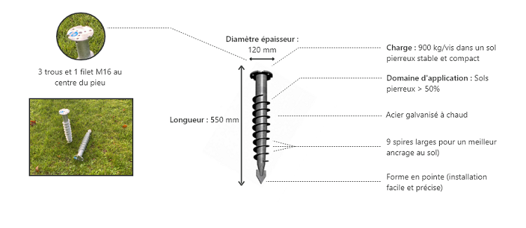 Pieu De 550 Mm En Acier Galvanisé 9 vis-de-fondation/