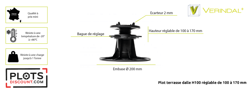 Dessin technique plot dalle réglable H100 Vérindal+