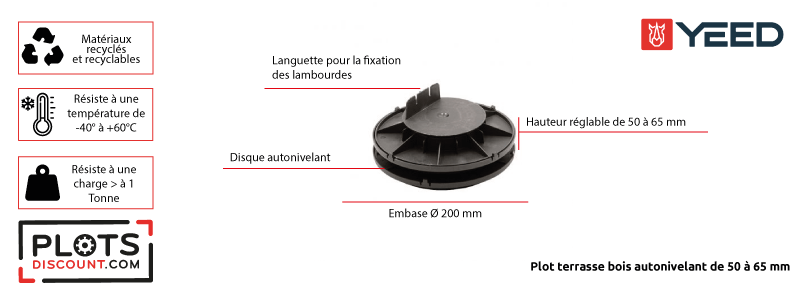 Dessin technique du plot terrasse bois autonivelant 50/65 de Yeed